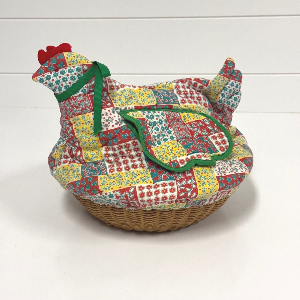 Vintage Patchwork Chicken Hen Bread Basket Warmer Wicker Base basket or Tea Cozy